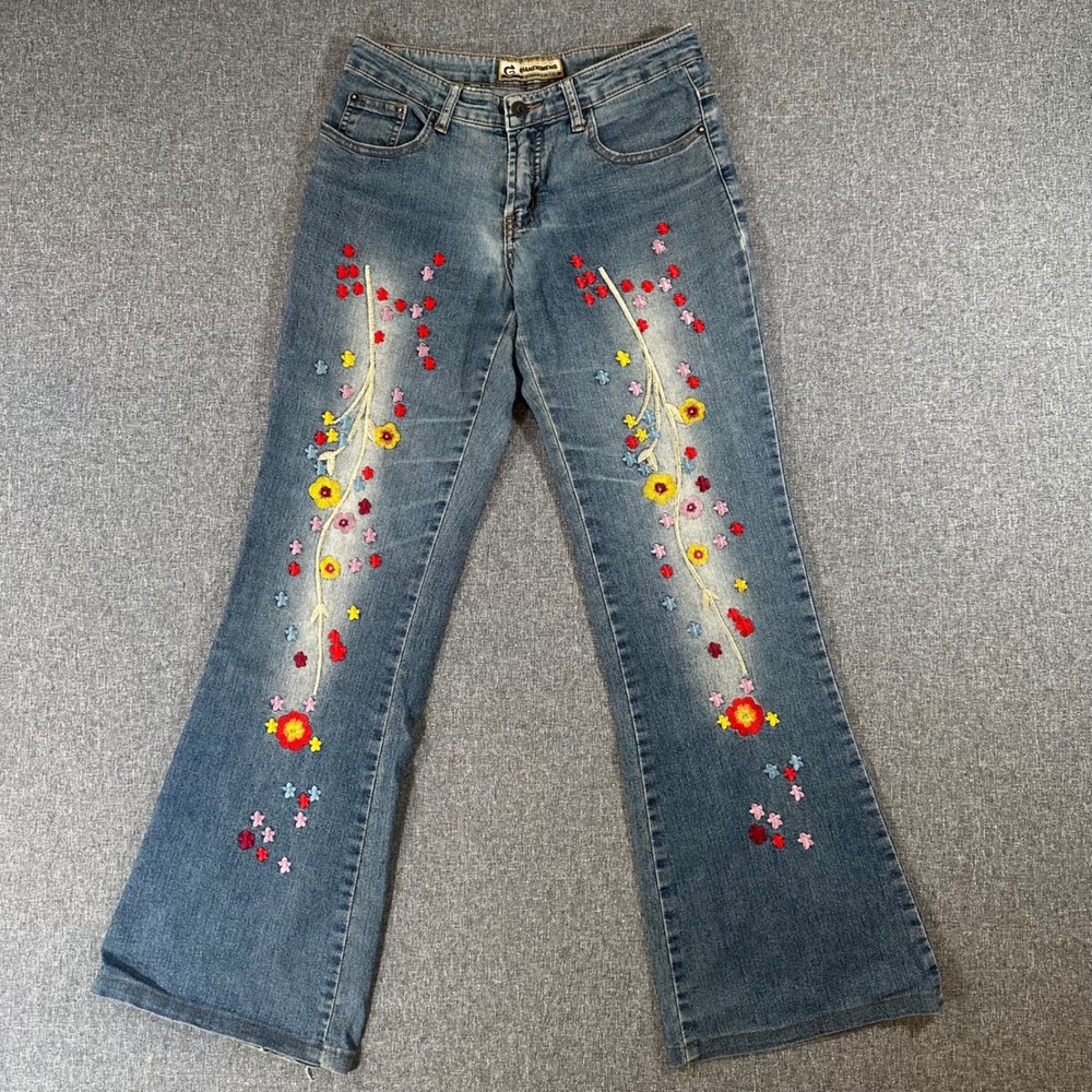 Qianzhimeng Vintage Y2K Floral Embroidered Flare Jeans Blue Denim Womens 28 - Picture 1 of 10